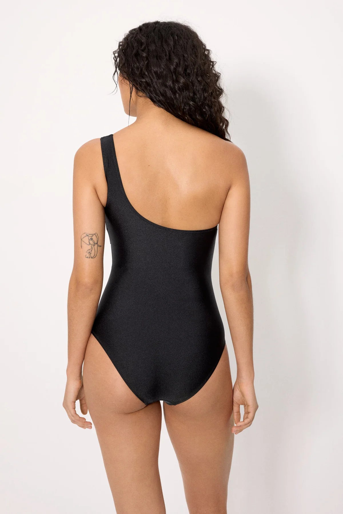 Costume da bagno nero asimmetrico con tulle trasparente e glitter ner