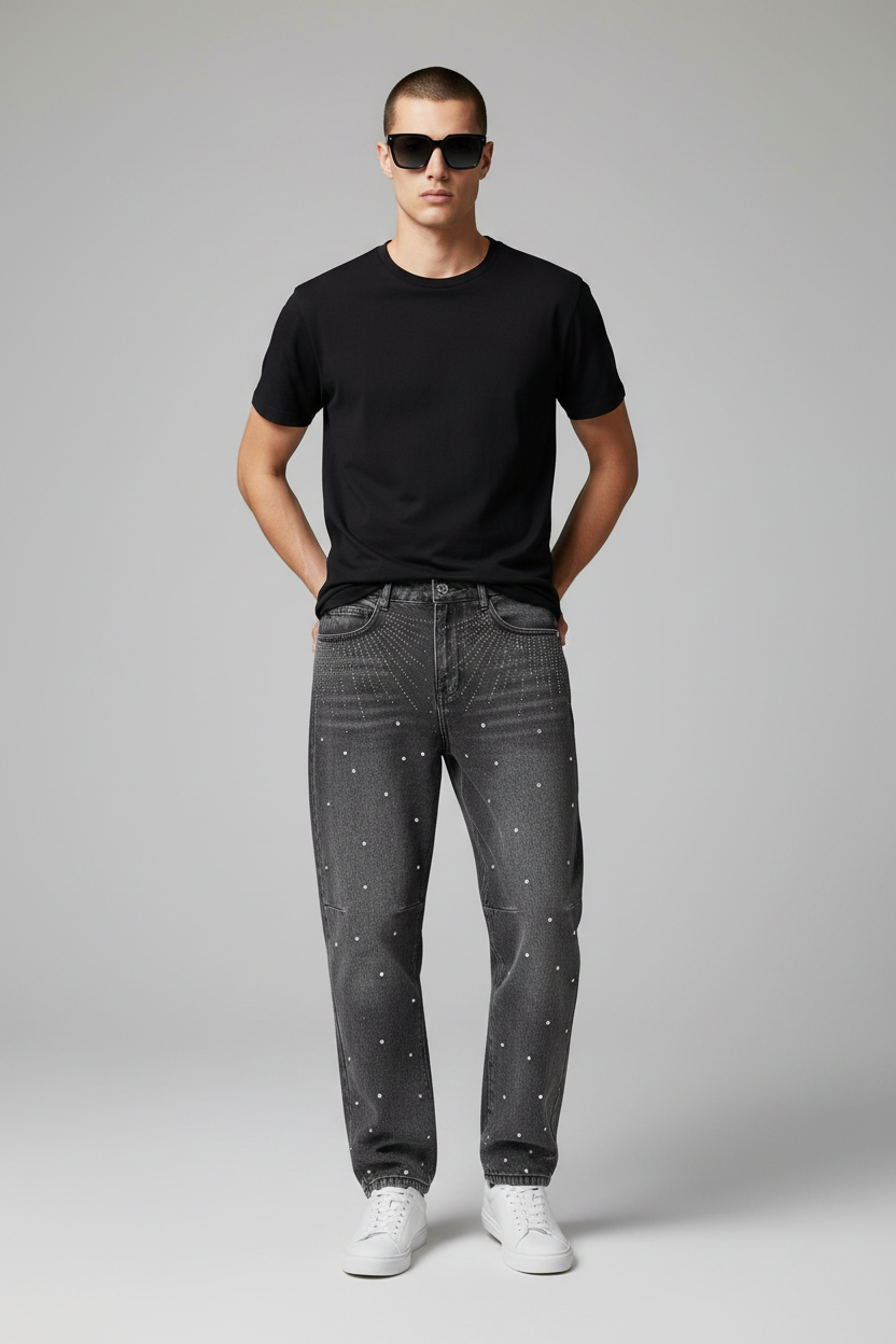 Jeans Tapered Grigio Slavato con Strass e Applicazioni Gioiello