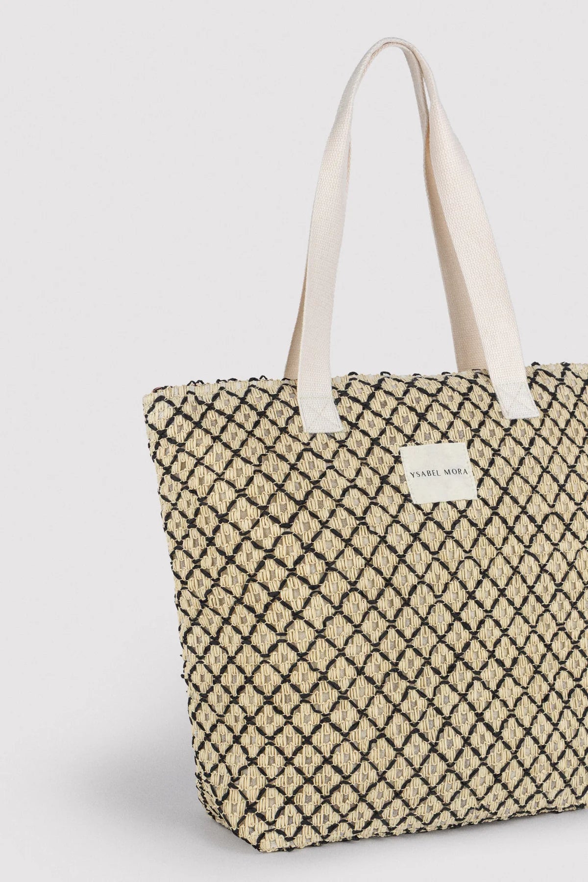 Borsa da spiaggia in rafia beige e nera