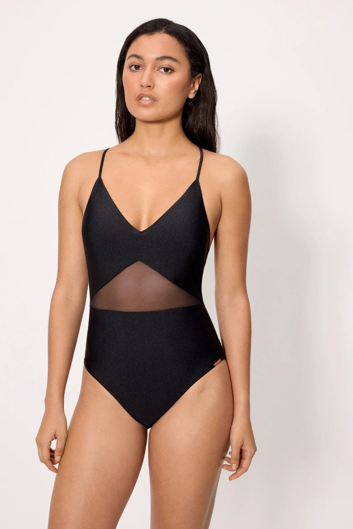 Costume da bagno nero con tulle trasparente e glitter nero